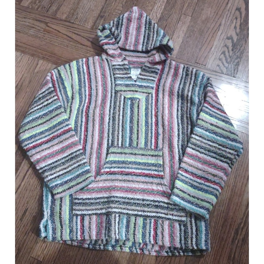 El Paso Saddleblanket Baja Hoodie - Rainbow Striped Mexican Blanket Pullover - L